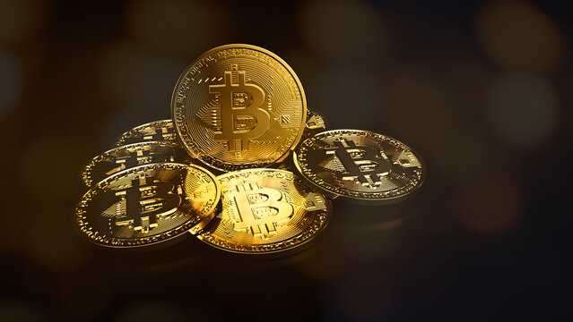 stack of bitcoin digital currency. Cryptocurrency BTC the new virtual money Close up 3D render of golden Bitcoins on black background