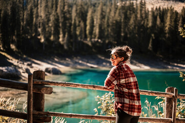 Landscape of Lake Carezza, Karersee with Dolomites, Nova Levante, Bolzano, Italy. Majestic...