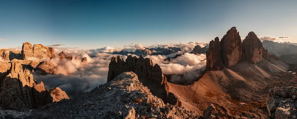 Gartenposter Dolomiten Dolomites, Three Peaks of Lavaredo. Italian Dolomites with famous Three Peaks of Lavaredo, Tre Cime , South Tyrol, Italy,.People climbing on a via ferrata route paternkofel.