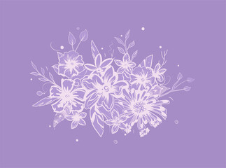 Hand drawn sketch flowers and leaves. White flower on purple backdrop with vectored sheets. White silhouettes of flowers, flowers and herbs isolated on purple background. 