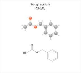 Stylized molecule model/structural formula of benzyl acetate. Use as flowery odor component in perfumes.