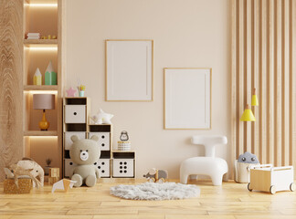 Mock up two poster frame in children room,kids room,cream color room.