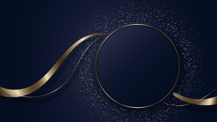 Abstract modern luxury dark blue circle shape and golden ring with gold glitter ribbon lines on dark background - 498078220