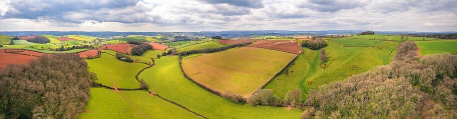 Fields and Meadows over English Village, Berry Pomeroy, Devon, England, Europe