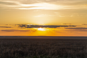 Fototapeta na wymiar Sunset in the Burtinskaya steppe (Orenburg nature reserve). Orenburg region, Southern Urals, Russia.