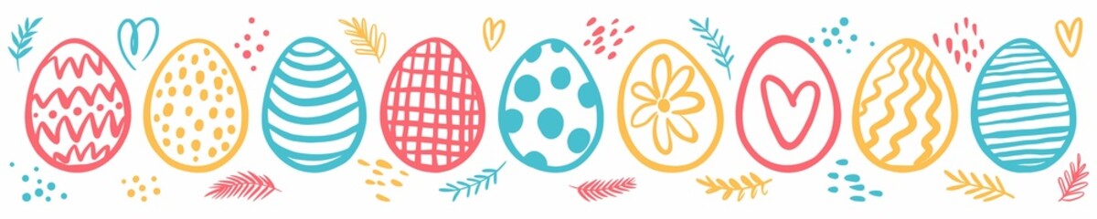 Horizontal set of Easter eggs drawn by hand