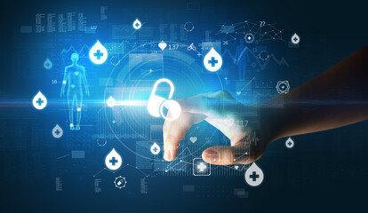 Doctor hand pressing futuristic health device with medical symbol on screen