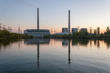 Zaporizhzhia thermal power station with high smoke pipes in Enegrodar, Ukraine