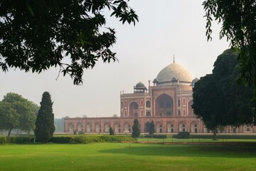 Picture of UNESCO world heritage site of Humayun's tomb which is situated in Delhi. Also shows smog...
