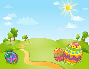Naklejka premium Happy Easter greeting card with easter holiday background, spring landscape
