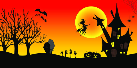 Fototapeta premium Happy halloween design background with castle, bats, witch, pumpkins, cemetery and spiders. Vector illustration.