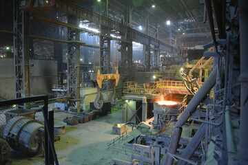 Ladle with molten metal in the shop of a metallurgical plant