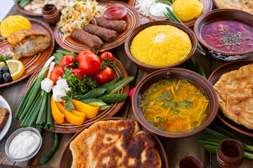 Homemade Romanian Food with 
pies, polenta, borscht, vegetables, fish, meat, stew, cheese and wine. Traditional dishes from Romania and the Republic of Moldova.