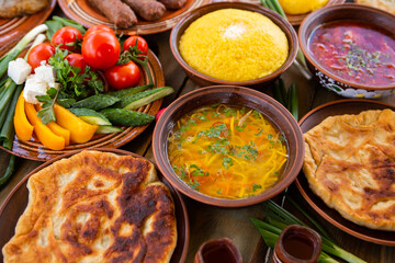Homemade Romanian Food with 
pies, polenta, borscht, vegetables, fish, meat, stew, cheese and wine. Traditional dishes from Romania and the Republic of Moldova.