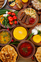 Homemade Romanian Food with 
pies, polenta, borscht, vegetables, fish, meat, stew, cheese and wine. Traditional dishes from Romania and the Republic of Moldova.