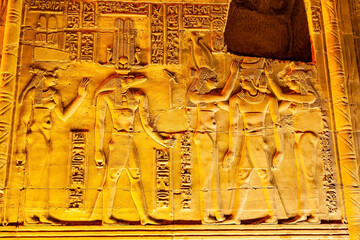 Relief and hieroglyphs at the wall of The Temple Of Sobek and Horus at Kom Ombo in the night.