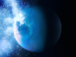 Obraz na płótnie Canvas Distant planet near interstellar nebula in blue tones. Stellar nebula with Earth-like exoplanet in deep space. 