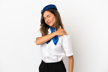Airplane stewardess over isolated white background suffering from pain in shoulder for having made an effort