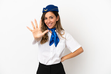 Airplane stewardess over isolated white background counting five with fingers