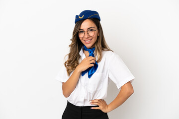 Airplane stewardess over isolated white background with glasses and smiling