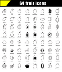 64 Fruit line icons vector illustration