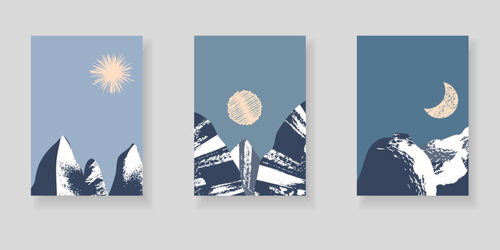 Set of minimal elegant wall decor posters. Landscape design with mountains, sun, moon and grunge texture. Creative templates for cards, posters, covers, labels, home decor.
