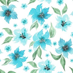 Watercolor seamless pattern with blue spring flowers and leaves. Repeating Flower Bacground design with Pastel colors