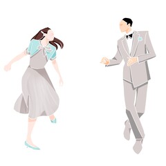 ダンスをするブラックタイの男性と女性　白