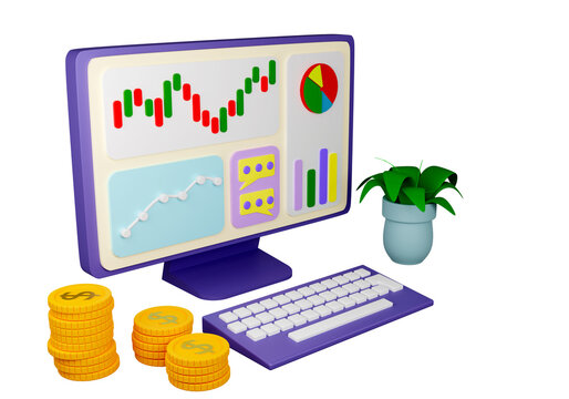 Monitor with financial charts. Computer financial statistics. Economic indicators in computer display. Golden coins next to keyboard. Element for website interface isolated on white. 3d image