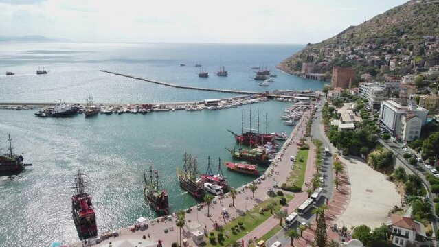 Aerial view of Alanya Marina and the Kizil Kule, Turkey