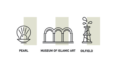 Qatar symbols line icon. Museum of Islamic art. Oilfield emblem. Pearl of sea. Vector illustration om white background