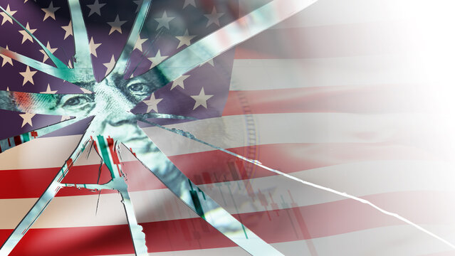 Crisis United States. Economic problems in America. Financial collapse in USA metaphor. Shards of glass in colors of American flag. Franklin's portrait symbolizes economic crisis USA. 3d rendering.