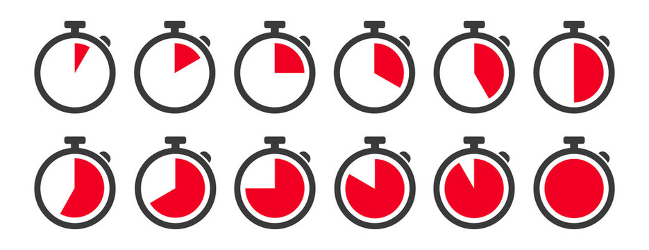 Timekeeper, timer, clock, stopwatch isolated icons set with different time. Countdown timer symbol icon set. Sport clock with red colored time meaning. Stopwatch collection - Stock vector.