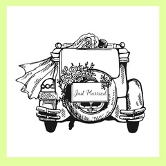 Abstract hand drawn sketch style wedding car isolated on white background. Vector illustration.