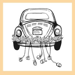 Abstract hand drawn sketch style wedding car isolated on white background. Vector illustration.