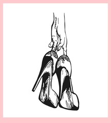 Hand drawn sketch style hand holding a pair of heels isolated on white background. Vector illustration.