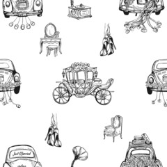 Seamless pattern of hand drawn sketch style wedding themed objects isolated on white background. Vector illustration.