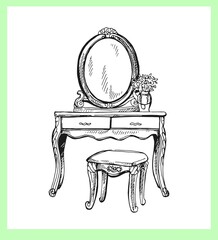 Hand drawn sketch style vintage dressing table isolated on white background. Vector illustration. - 498087807