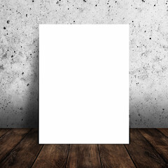 Blank white poster in interior with wood floor and concrete wall texture background. Mockup template for your content or design.