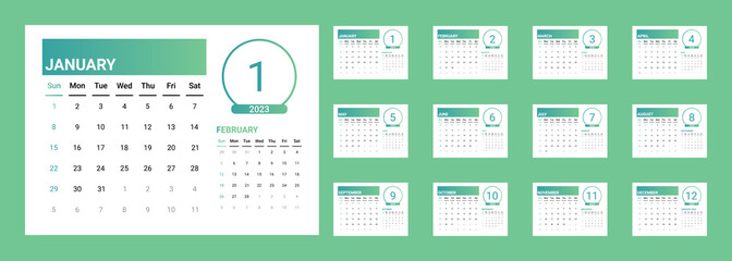 2023 calendar with gradient design. vector of calender 2023.corporate desk calendar ready to print. week start on sunday. sunday as weekend. good for daily log, business, timetable, planner, etc.	 - obrazy, fototapety, plakaty