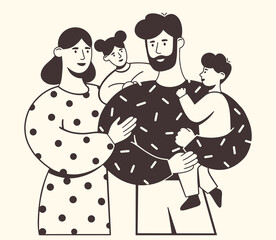 Happy family with lovely kids. Young mother and father holding their beloved children in their arms. Son and daughter hug their parents. Flat vector illustration. Sketch style.