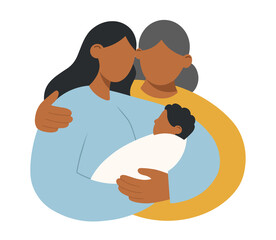 Mother and child concept. Old african american mother and her beautiful daughter holding cute baby in arms. Happy family together. Mother's Day. Flat vector illustration.