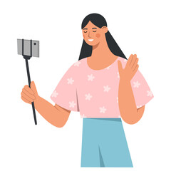 Young girl is making a live broadcast. Video blogging concept. Social media blogger. Flat vector illustration.