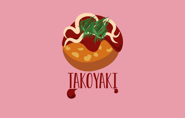 a piece of takoyaki placed on pink background,japanese cuisine,octopus ball,cartoon vector illustration