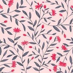 Fototapeta premium Seamless hand drawn floral pattern - pink flowers elements, green leaves branches on light pink background; for wrappers, wallpapers, postcards, greeting cards, wedding invites, romantic events.