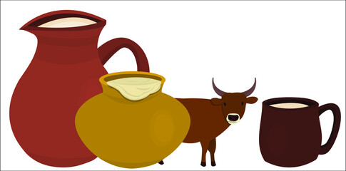 A pot with sour cream, a ceramic jug with milk, a cup with milk and a cow. This logo can be used for advertising for milk production companies. Vector, isolated.