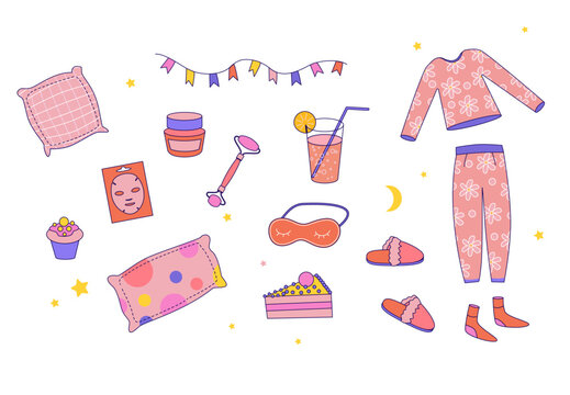 Pajama party elements for girls. Sleepover invitation. 