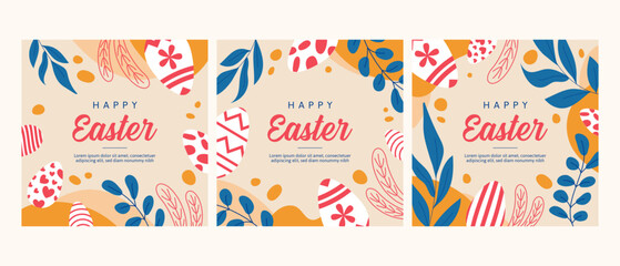 Happy Easter banner, poster, greeting card. Modern minimal style. Trendy Easter design with typography, bunnies, flowers, eggs, bunny ears, in pastel colors.