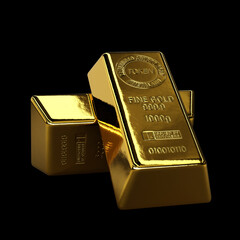 2 gold bullions leaning against each other on dark background, easy to mask, massive resolution, 3D-Illustration