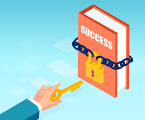 Vector of a businessman hand holding a key to unlock a success book with lock.